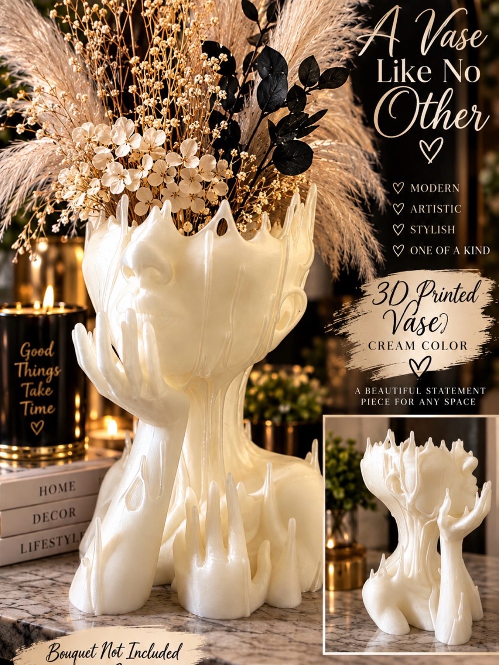 Cream 3D Printed Artistic Vase - Modern Home Accent